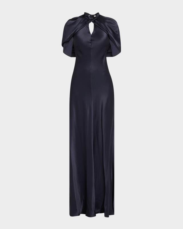 Twisted Cape-Sleeve Open-Back Satin Gown